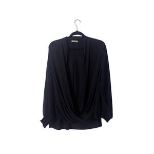 Black Pleione Womens Draped Blouse 1X Polyester With Smocked Cuffs